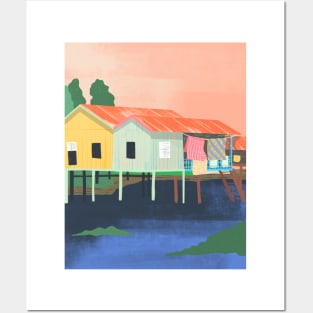 Colorful Stilt Houses Seaside Painting Posters and Art